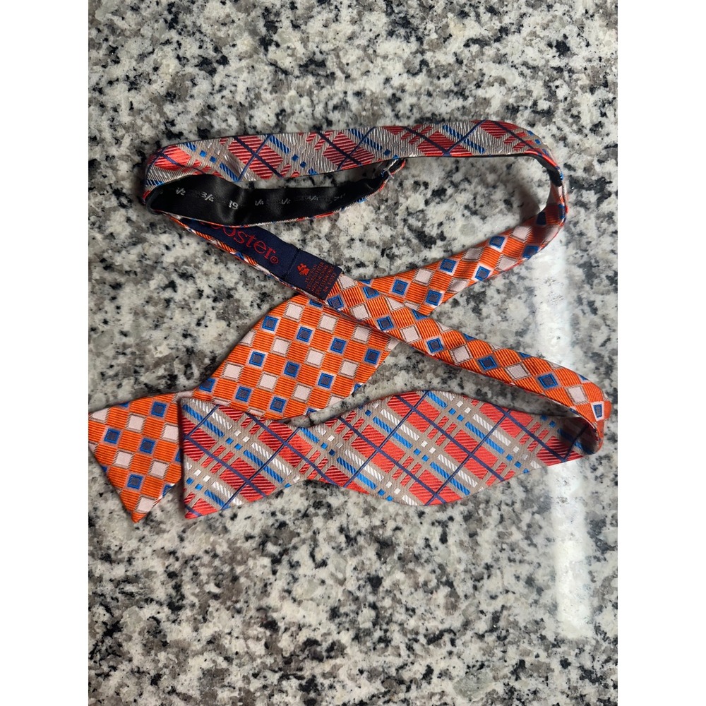 Rooster Mens Orange Blue Plaid Silk Polyester Blend Pre Tied Bow Tie